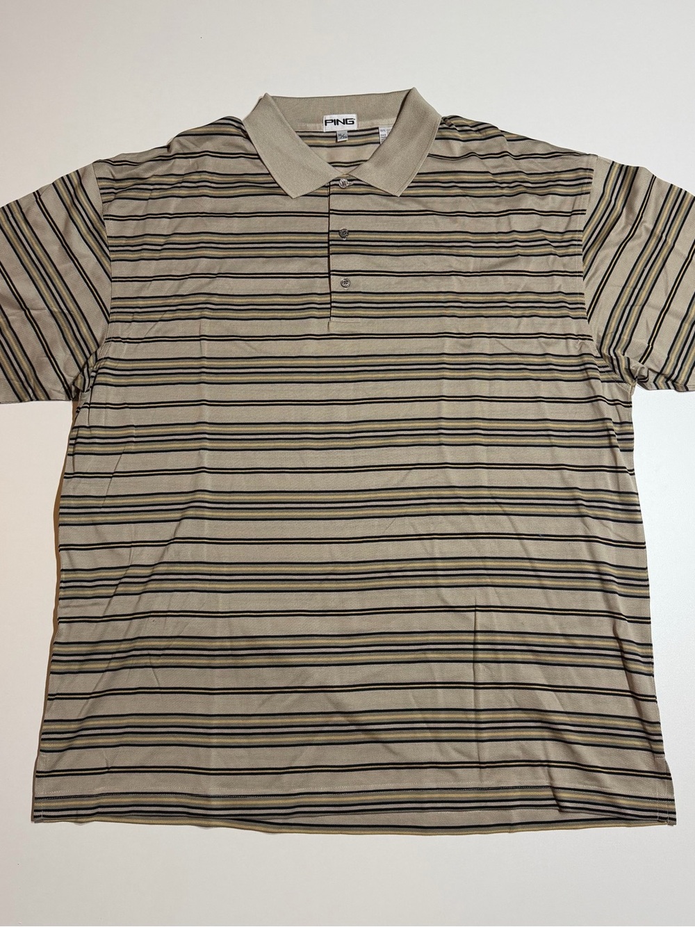 Vintage PING Men's Tan Polo with Black and Dark Brown Stripes